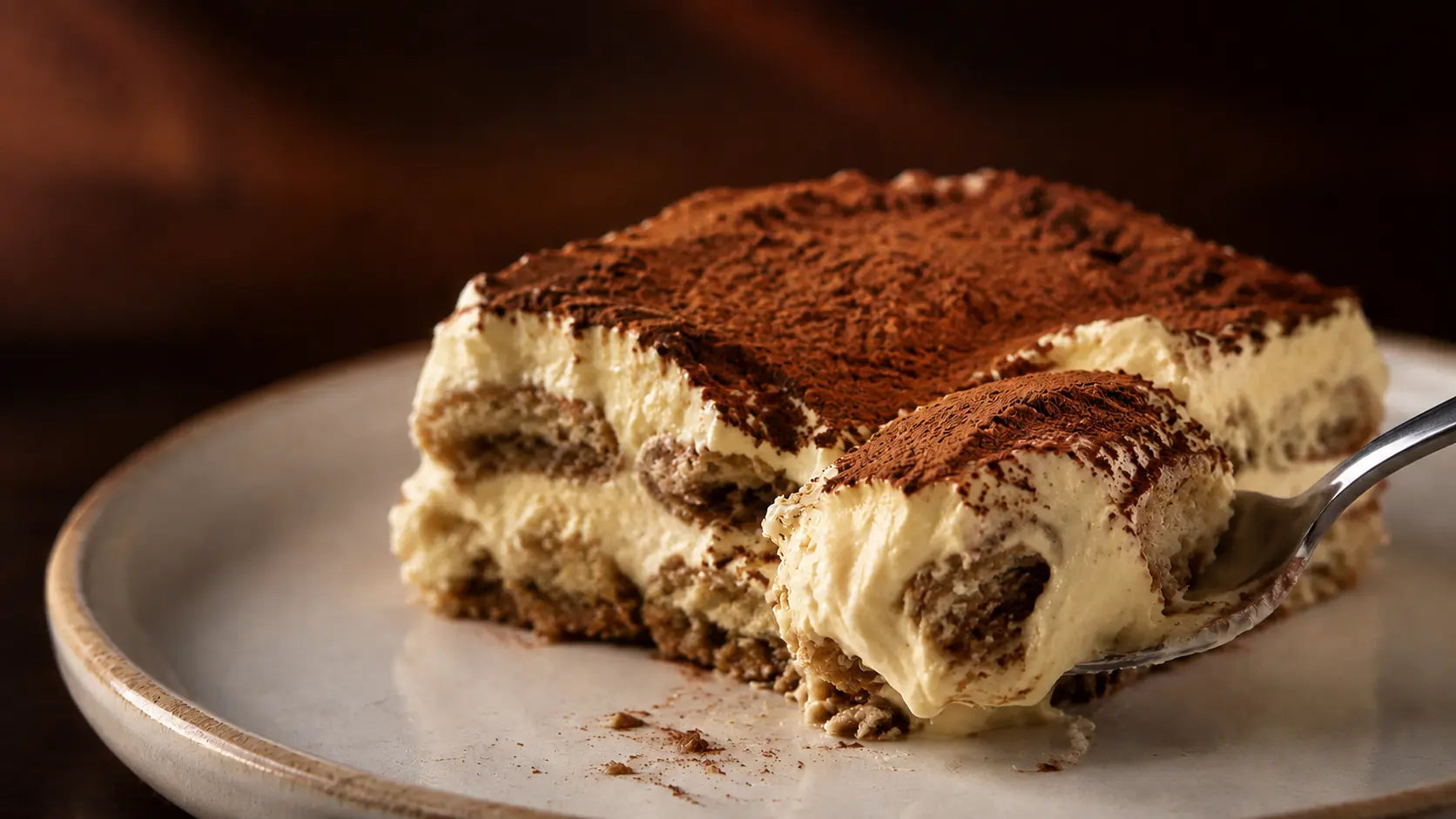 Classic Don Tiramisù served on a plate with creamy mascarpone, cocoa and coffee-soaked layers